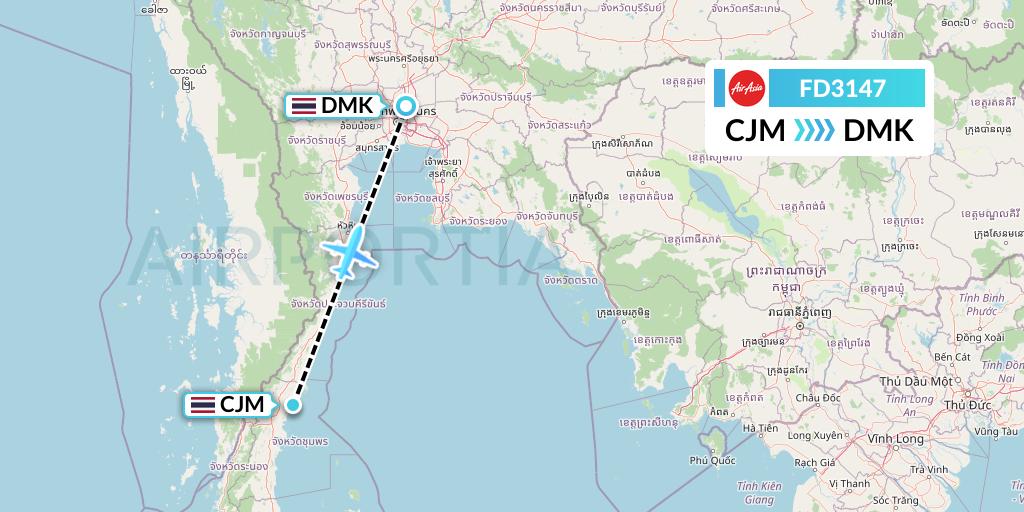 FD3147 Thai AirAsia Flight Map: Chumphon to Bangkok