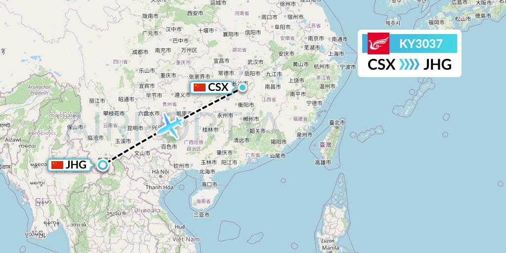 KY3037 Kunming Airlines Flight Map: Changsha to Jinghong