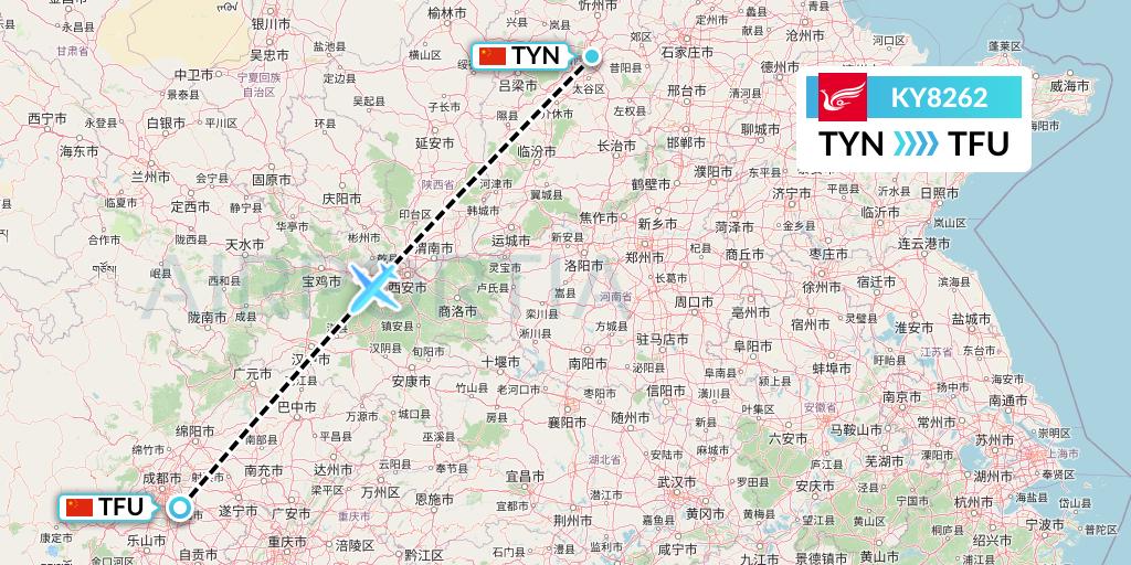 KY8262 Kunming Airlines Flight Map: Taiyuan to Chengdu