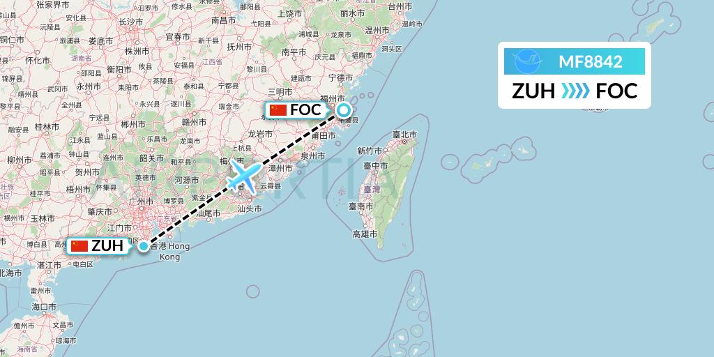 MF8842 Xiamen Airlines Flight Map: Zhuhai to Fuzhou