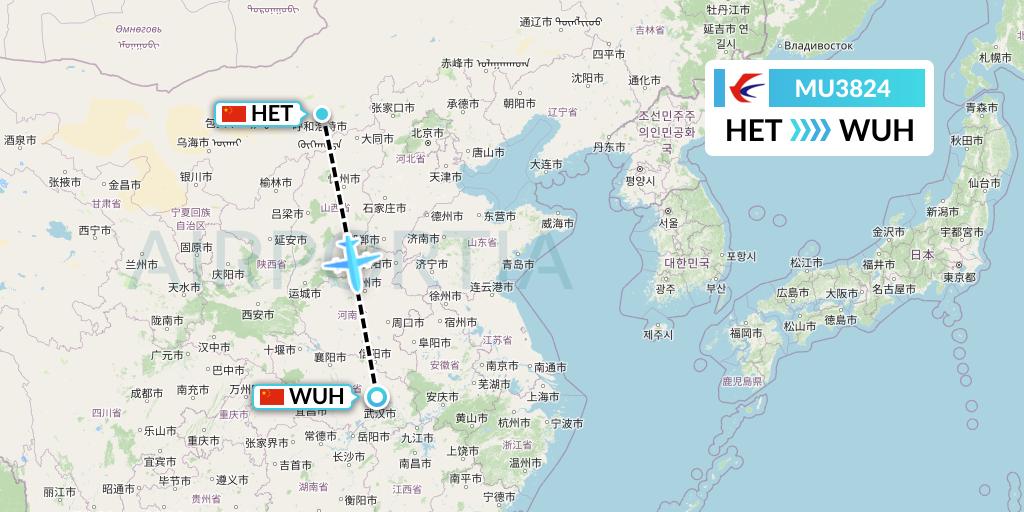 MU3824 China Eastern Airlines Flight Map: Hohhot to Wuhan