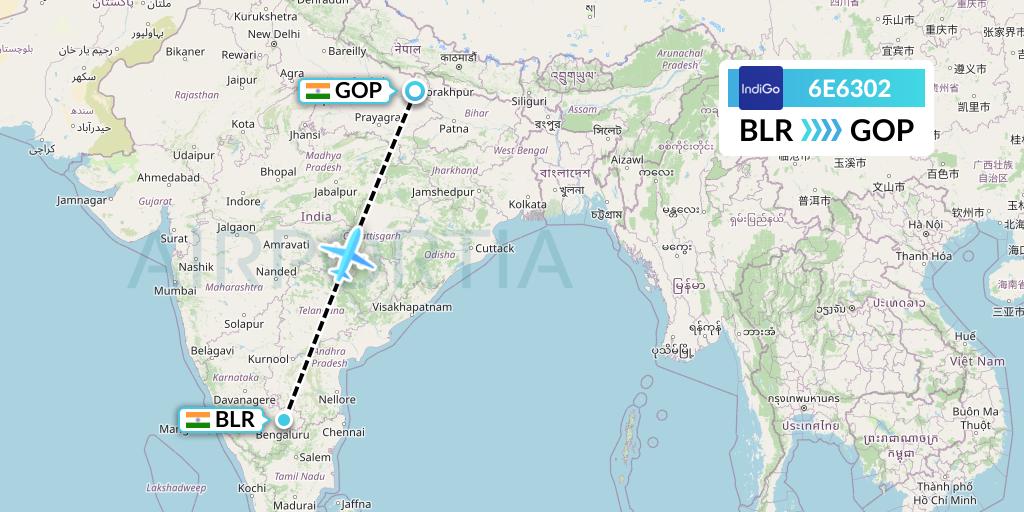 6E6302 IndiGo Airlines Flight Map: Bangalore to Gorakhpur
