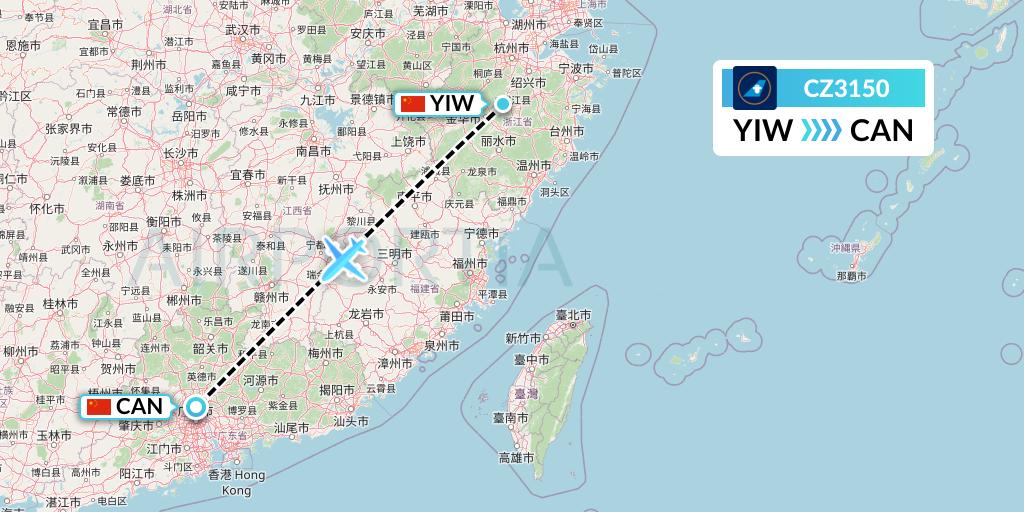 CZ3150 China Southern Airlines Flight Map: Yiwu to Guangzhou