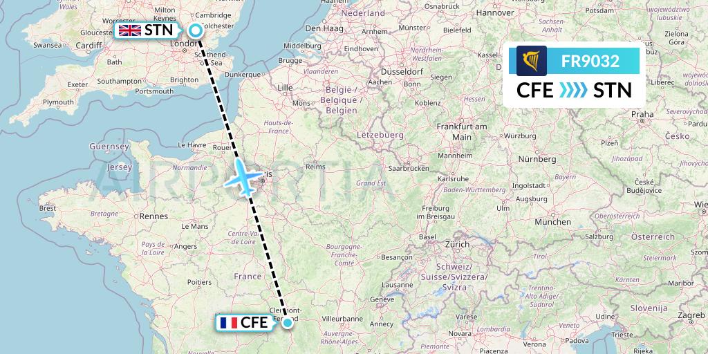 FR9032 Ryanair Flight Map: Clermont-Ferrand to London