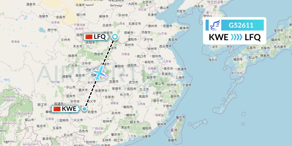 G52611 China Express Airlines Flight Map: Guiyang to Yulin