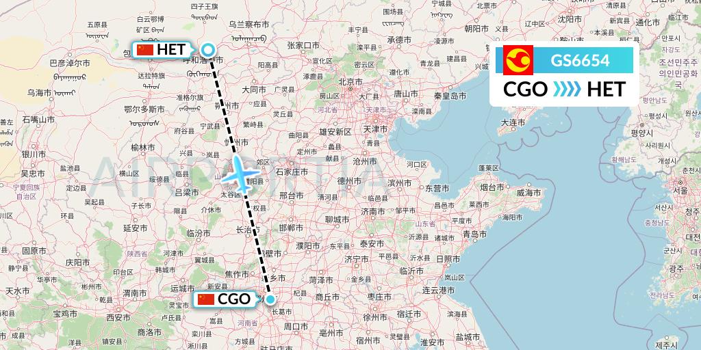 GS6654 Tianjin Airlines Flight Map: Zhengzhou to Hohhot