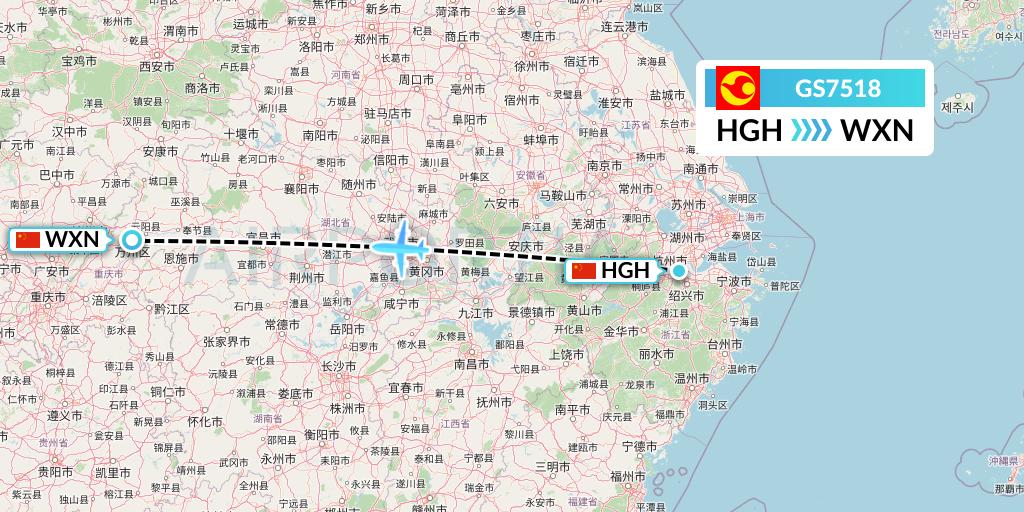 GS7518 Tianjin Airlines Flight Map: Hangzhou to Wanzhou
