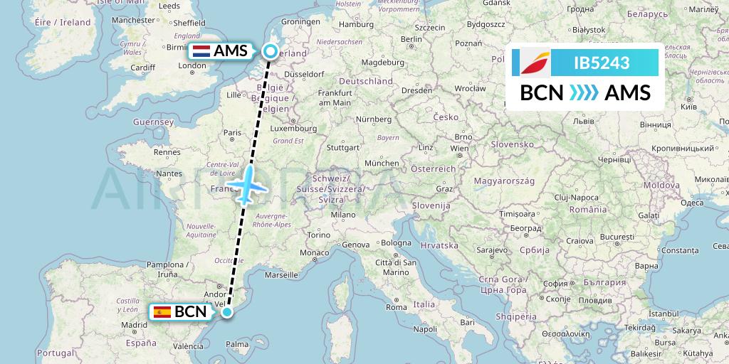 IB5243 Iberia Flight Map: Barcelona to Amsterdam