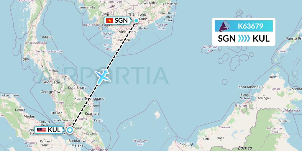 K63679 Cambodia Angkor Air Flight Map: Ho Chi Minh City to Kuala Lumpur