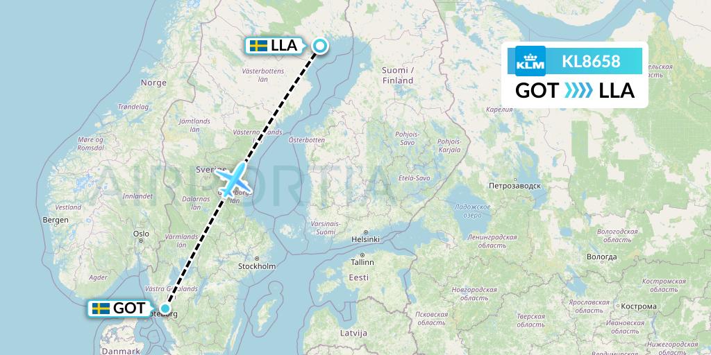 KL8658 KLM Flight Map: Gothenburg to Lulea