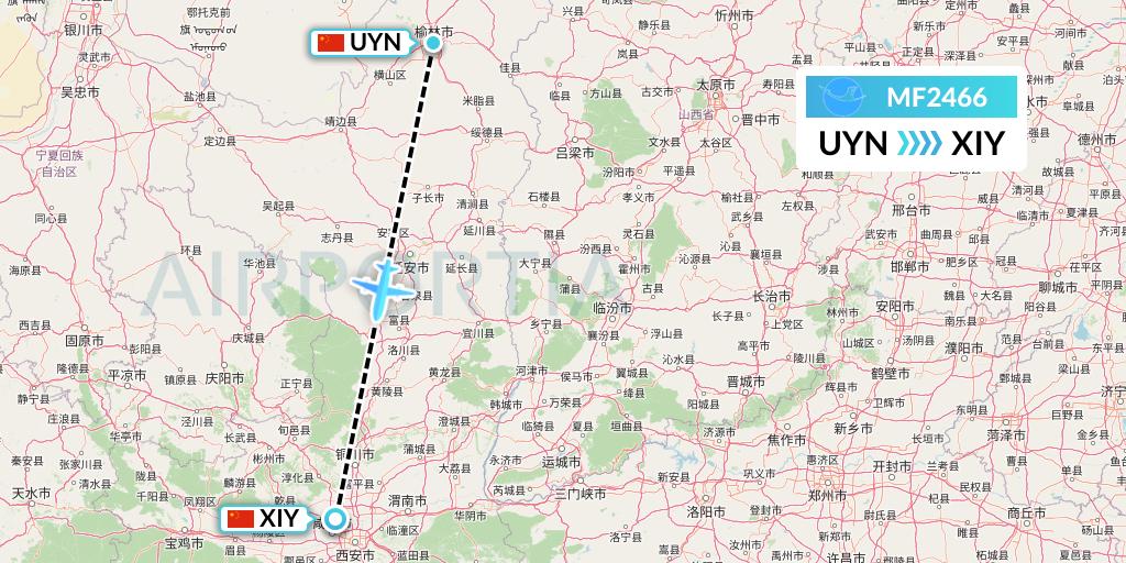 MF2466 Xiamen Airlines Flight Map: Yulin to Xi'an