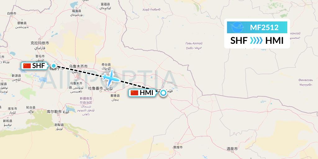 MF2512 Xiamen Airlines Flight Map: Shihezi to Hami City