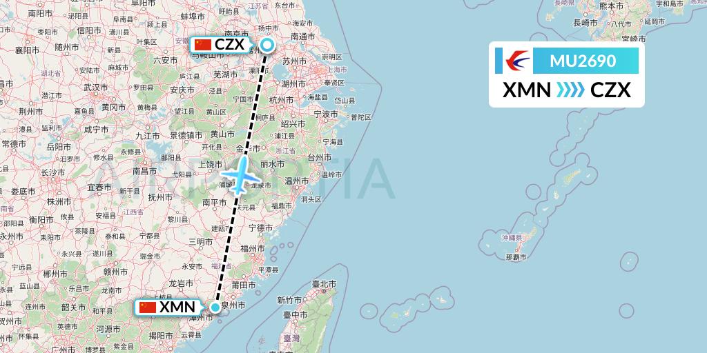 MU2690 China Eastern Airlines Flight Map: Xiamen to Changzhou