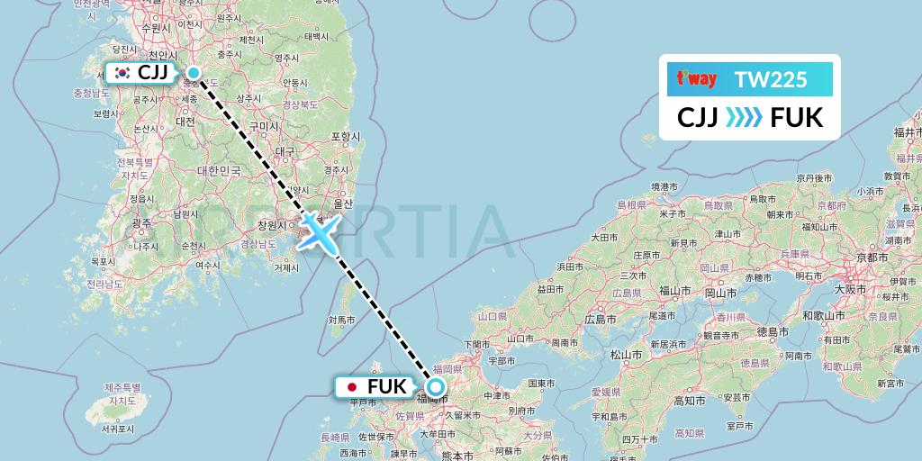 TW225 T'way Air Flight Map: Cheongju to Fukuoka