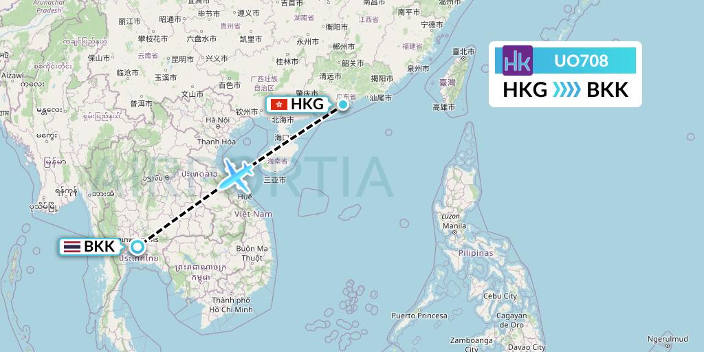 UO708 Hong Kong Express Flight Map: Hong Kong to Bangkok