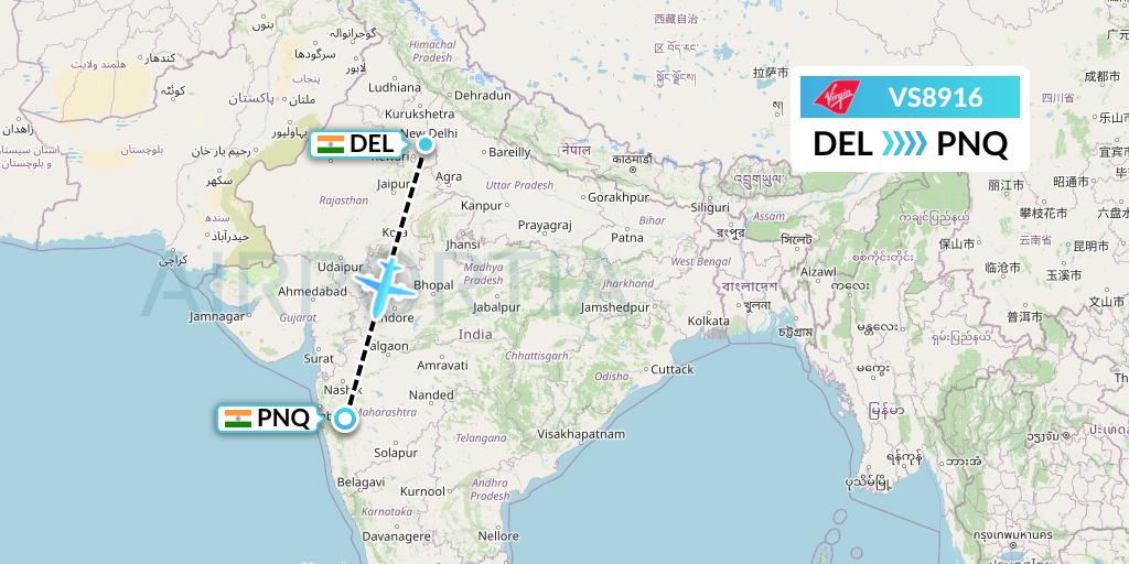 VS8916 Virgin Atlantic Airways Flight Map: Delhi to Pune