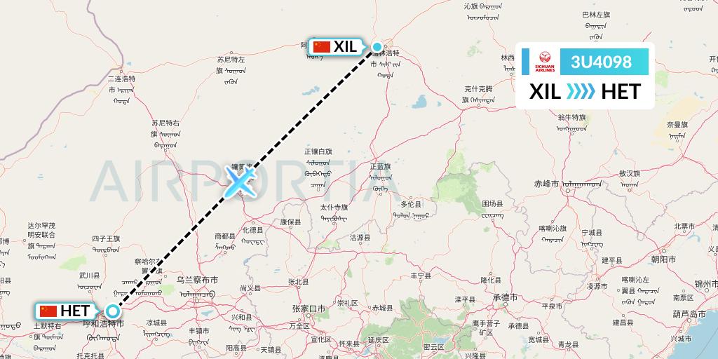3U4098 Sichuan Airlines Flight Map: Xilinhot to Hohhot