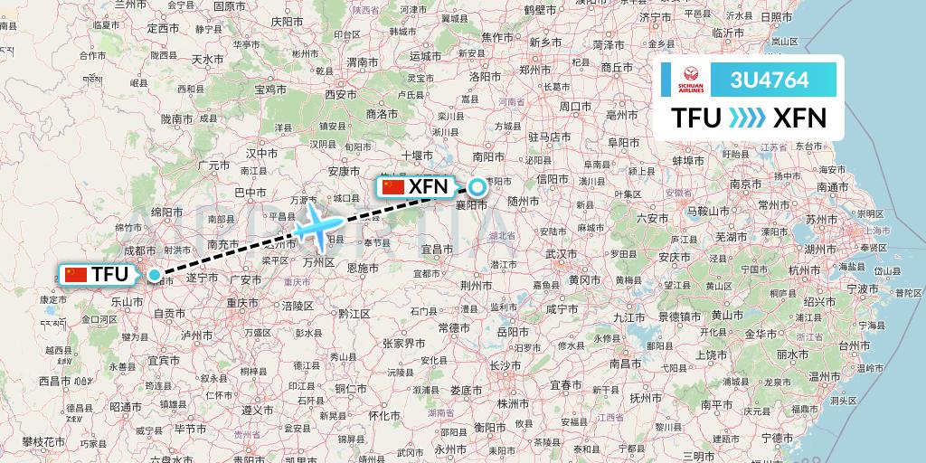 3U4764 Sichuan Airlines Flight Map: Chengdu to Xiangyang