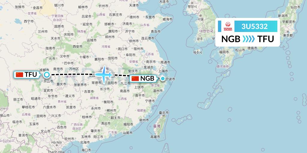 3U5332 Sichuan Airlines Flight Map: Ningbo to Chengdu