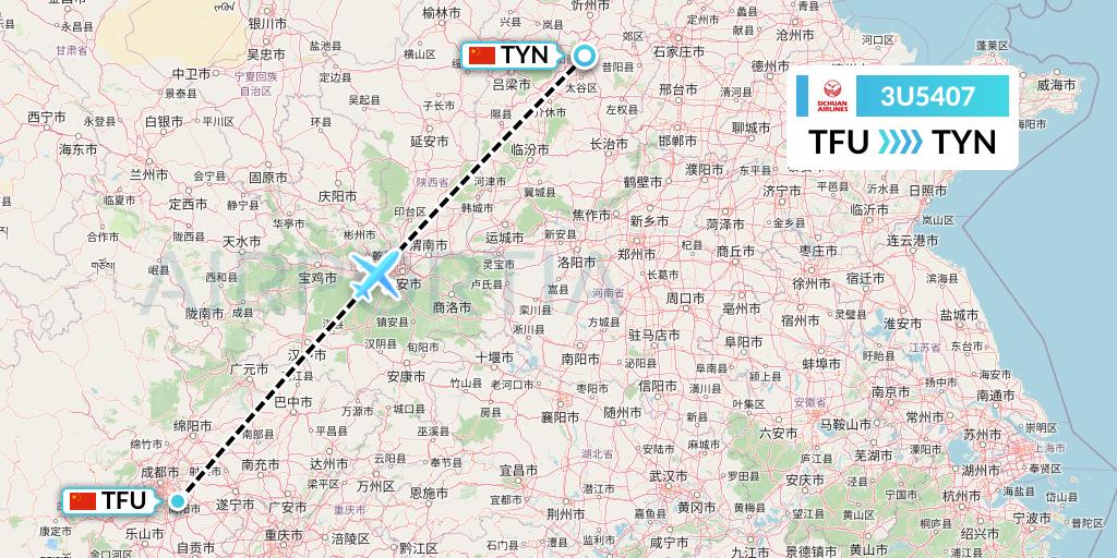 3U5407 Sichuan Airlines Flight Map: Chengdu to Taiyuan
