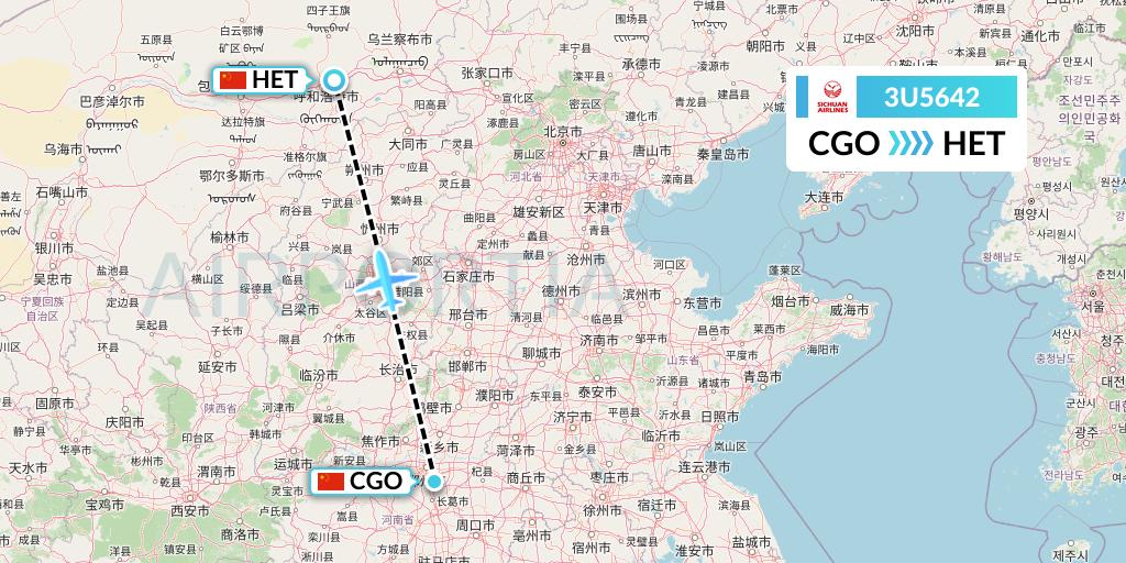 3U5642 Sichuan Airlines Flight Map: Zhengzhou to Hohhot