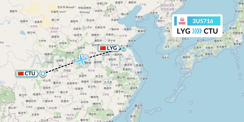 3U5716 Sichuan Airlines Flight Map: Lianyungang to Chengdu