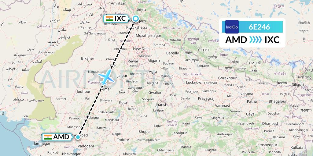 6E246 IndiGo Airlines Flight Map: Ahmedabad to Chandigarh