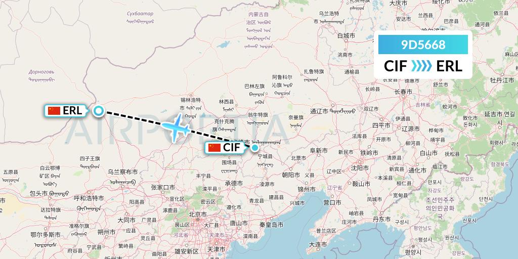 9D5668 Genghis Khan Airlines Flight Map: Chifeng to Erenhot