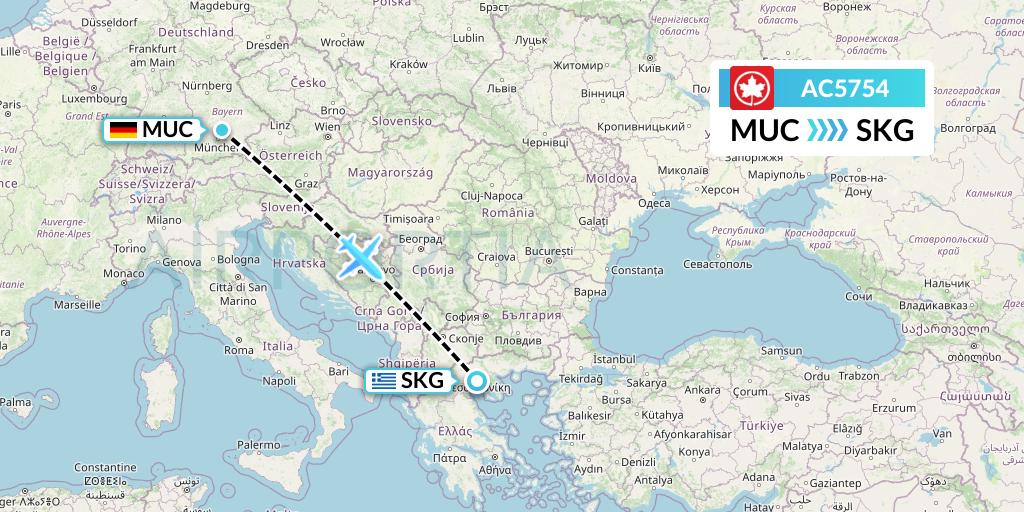 AC5754 Air Canada Flight Map: Munich to Thessaloniki