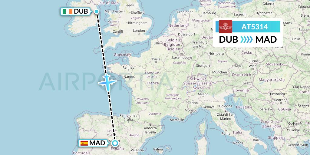 AT5314 Royal Air Maroc Flight Map: Dublin to Madrid