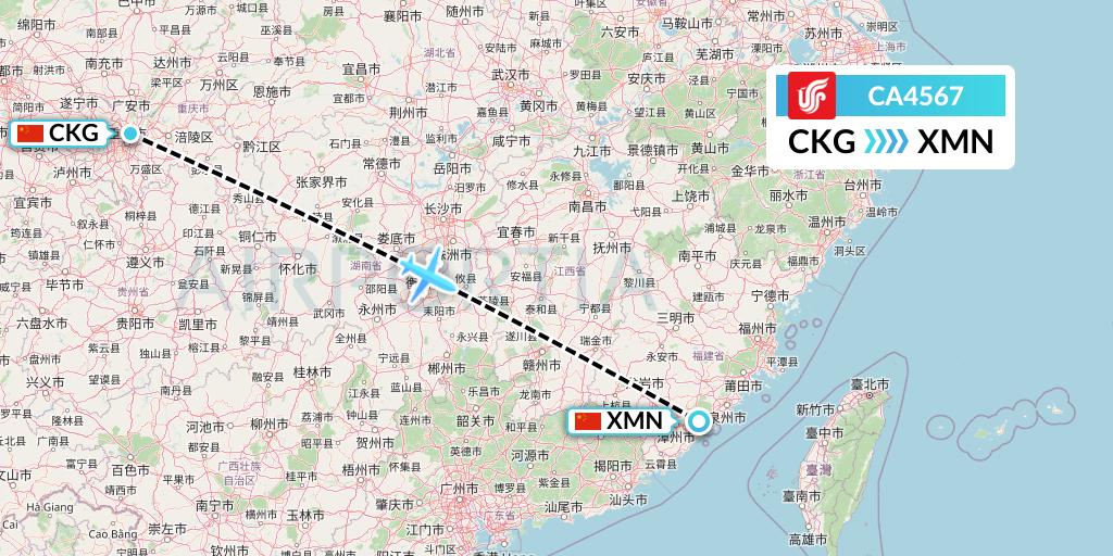 CA4567 Air China Flight Map: Chongqing to Xiamen