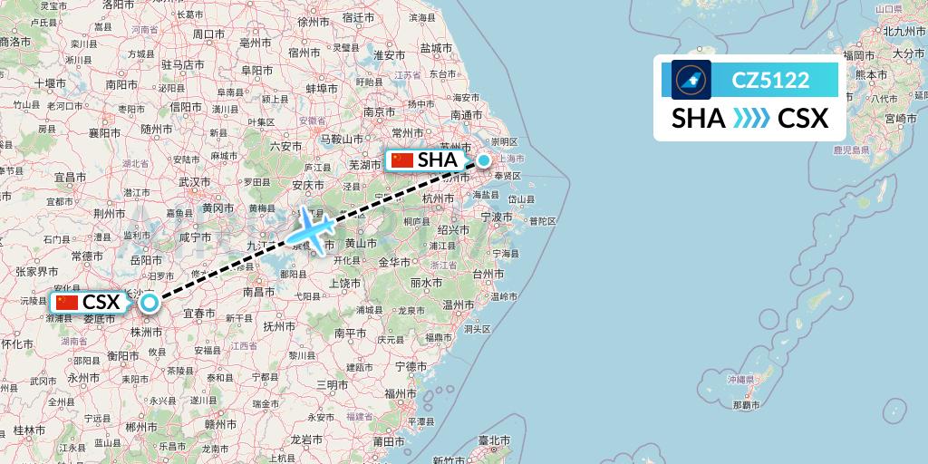 CZ5122 China Southern Airlines Flight Map: Shanghai to Changsha