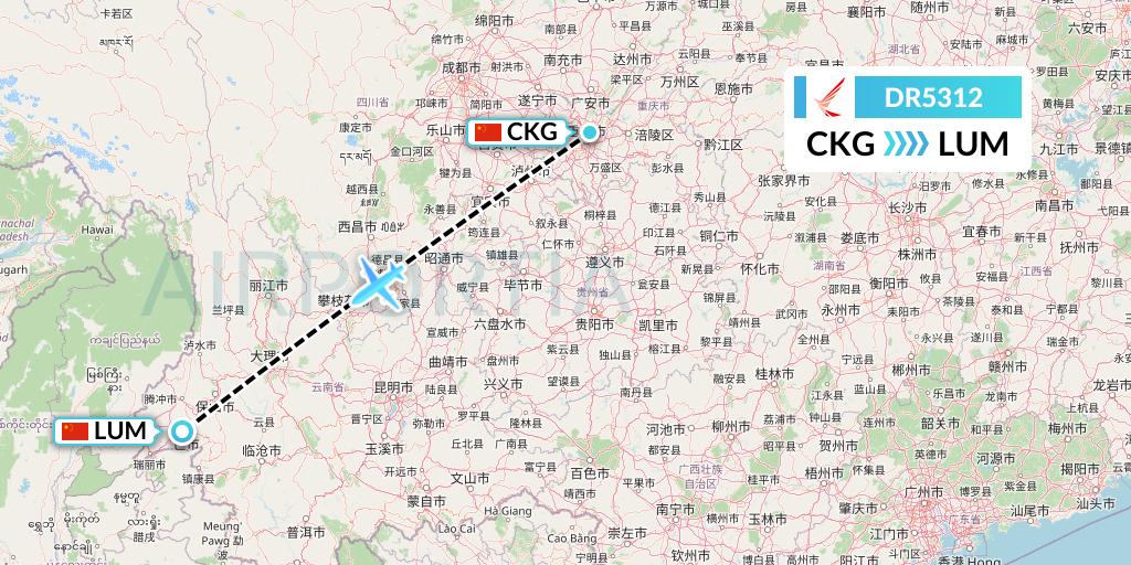 DR5312 Ruili Airlines Flight Map: Chongqing to Mangshi