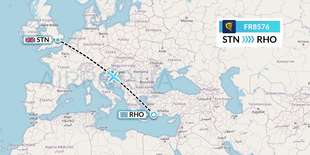 FR8576 Ryanair Flight Map: London to Rhodes