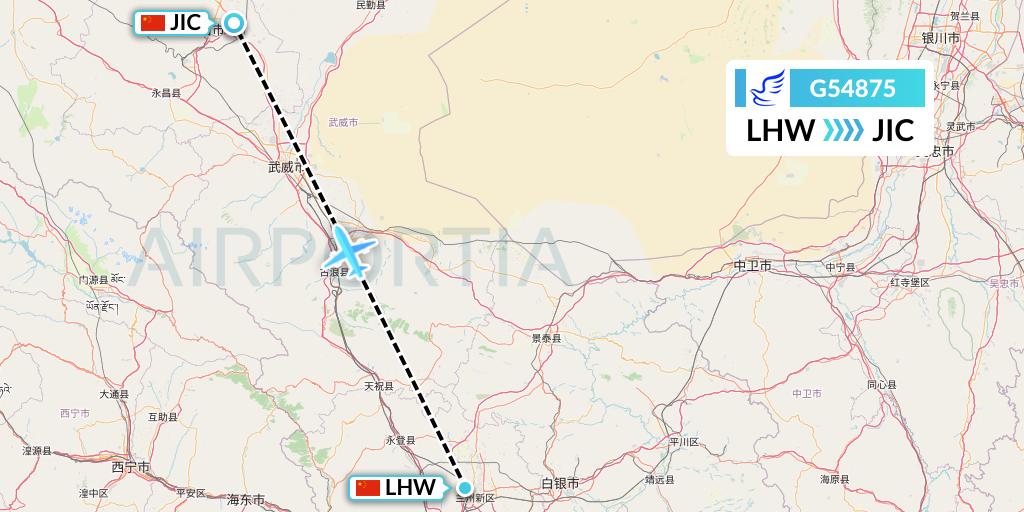 G54875 China Express Airlines Flight Map: Lanzhou to Jinchang