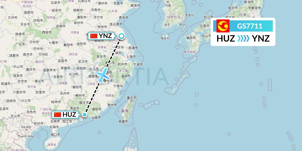 GS7711 Tianjin Airlines Flight Map: Huizhou to Yancheng