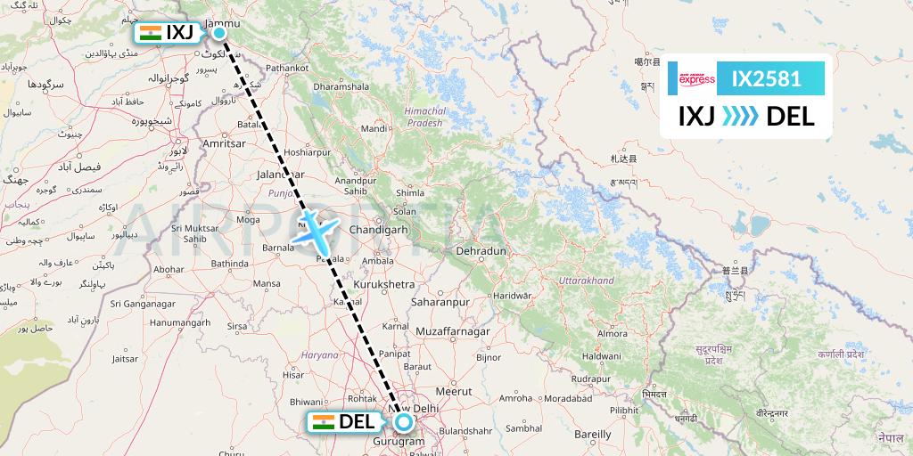 IX2581 Air India Express Flight Map: Jammu to Delhi