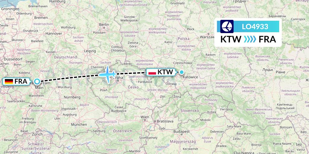 LO4933 LOT Flight Map: Katowice to Frankfurt
