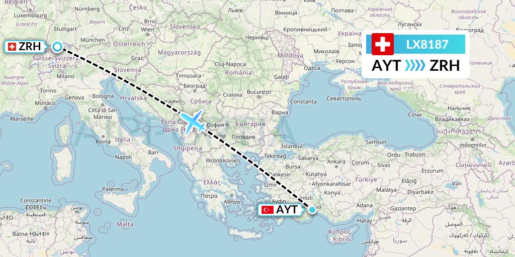 LX8187 Swiss Flight Map: Antalya to Zurich