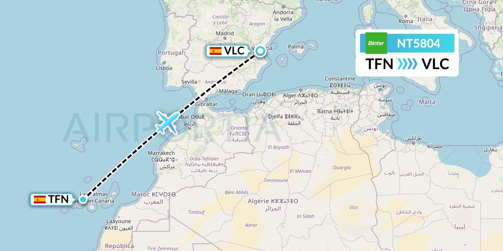 NT5804 Binter Canarias Flight Map: Tenerife to Valencia