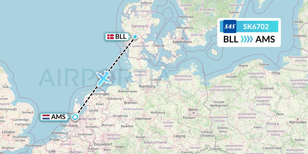 SK6702 SAS Flight Map: Billund to Amsterdam