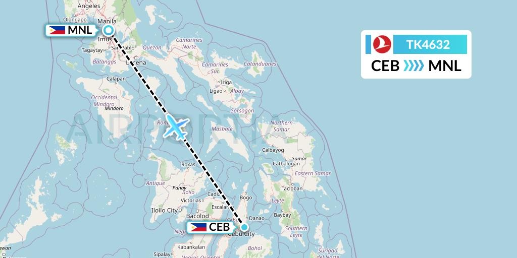 TK4632 Turkish Airlines Flight Map: Cebu to Manila