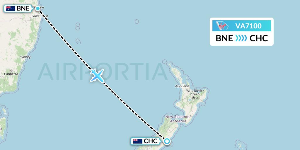 VA7100 Virgin Australia Flight Map: Brisbane to Christchurch