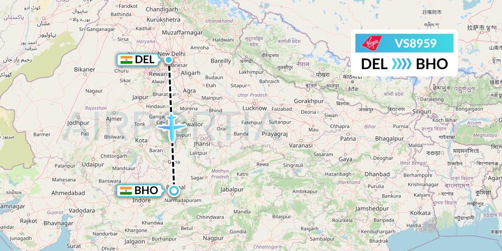 VS8959 Virgin Atlantic Airways Flight Map: Delhi to Bhopal