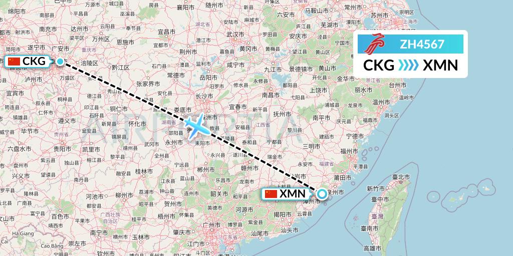 ZH4567 Shenzhen Airlines Flight Map: Chongqing to Xiamen