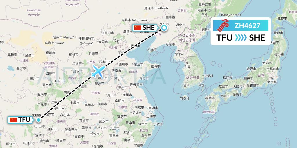 ZH4627 Shenzhen Airlines Flight Map: Chengdu to Shenyang
