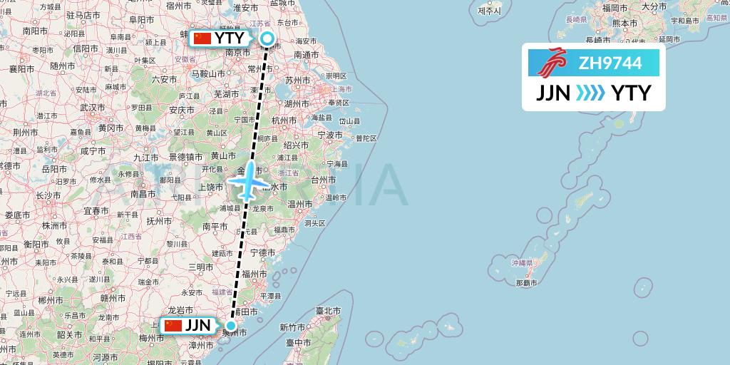 ZH9744 Shenzhen Airlines Flight Map: Jinjiang to Yangzhou