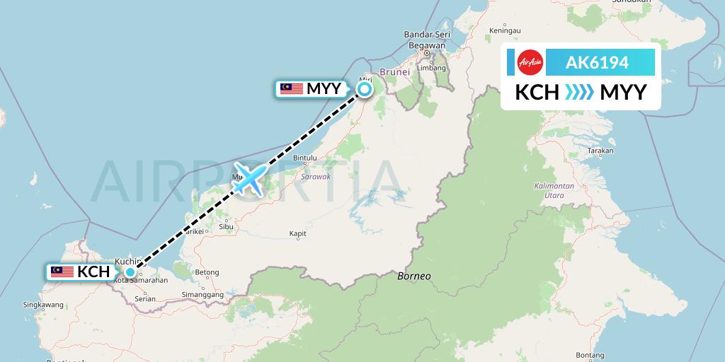 AK6194 AirAsia Flight Map: Kuching to Miri