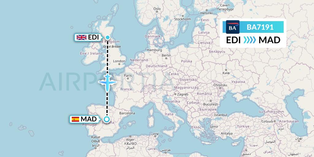 BA7191 British Airways Flight Map: Edinburgh to Madrid