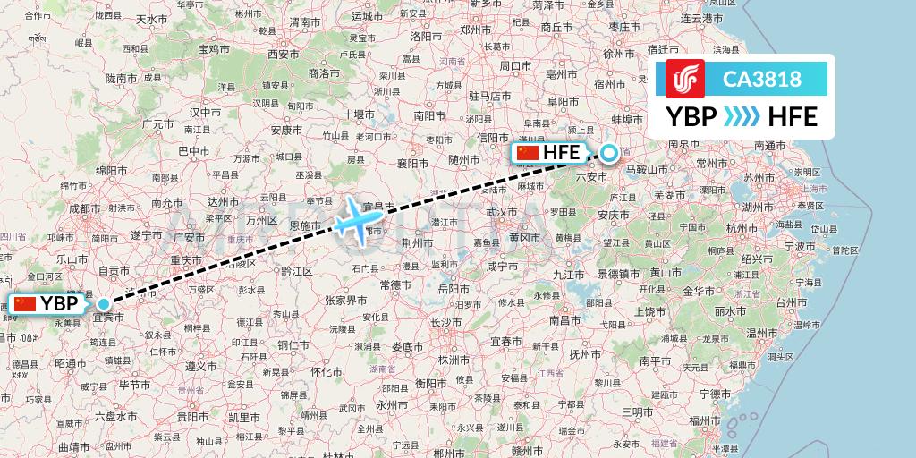 CA3818 Air China Flight Map: Yibin to Hefei
